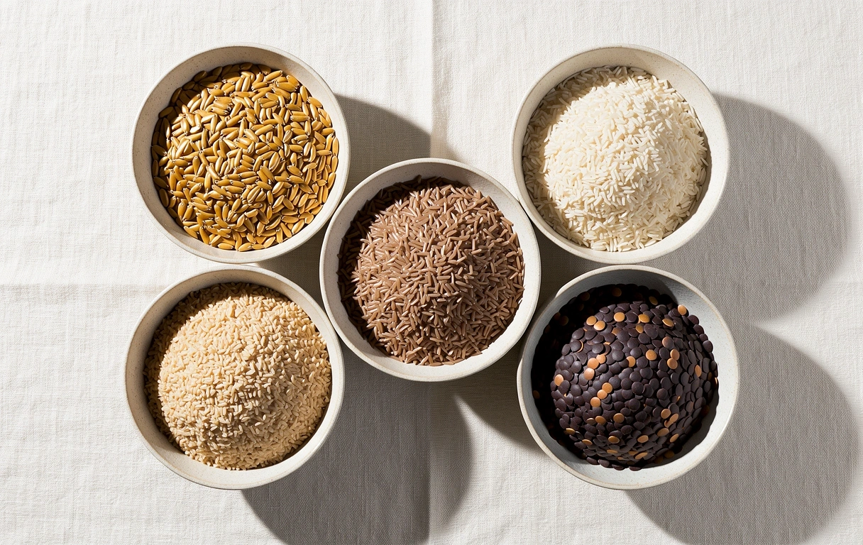 Varietà di cibi integrali su superficie naturale